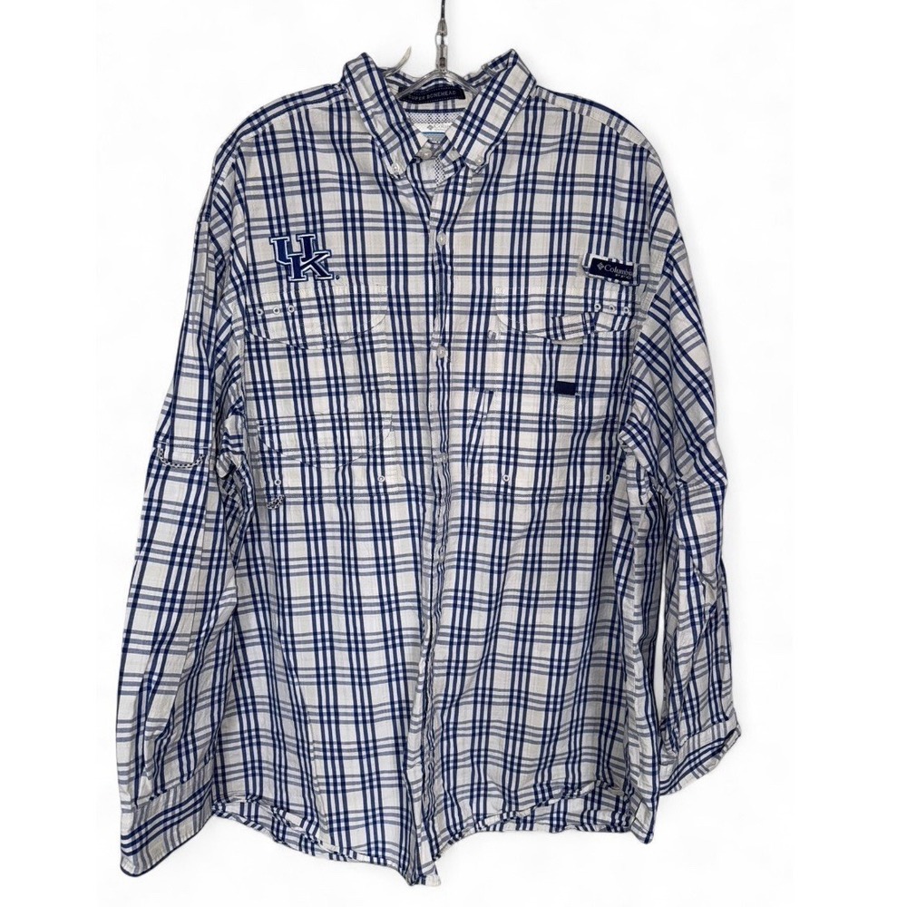 Columbia PFG Super Bonehead UK Kentucky Plaid Fishing Shirt Mens L Blue White